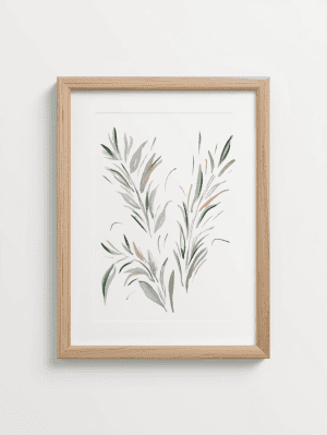Golden Wheat & Green Leaves – Watercolor Botanical Print